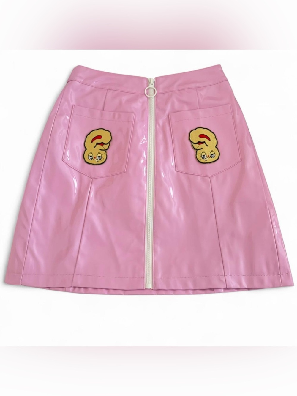 Lazy Oaf x Ester Bunny Pink Vinyl A-Line Mini Skirt with Front Zip Xsmall